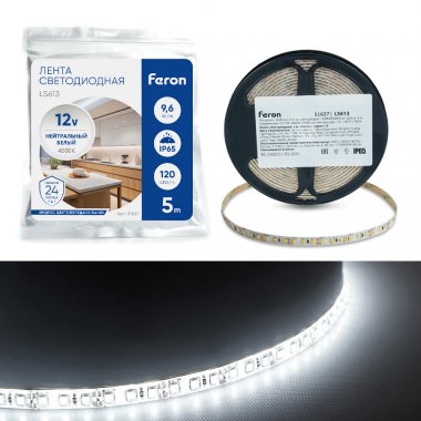 Фотография товара 'Feron Лента светодиодная 12V , 120*SMD2835, 9,6W/m, IP65, 4000К (нейтральный белый), 51637'
