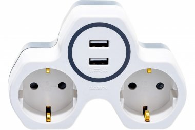 Фотография товара 'Feron Разветвитель сетевой 2-местный и с 2-мя выходами USB, с/з, ADP16-14-20, белый/серый 32872'