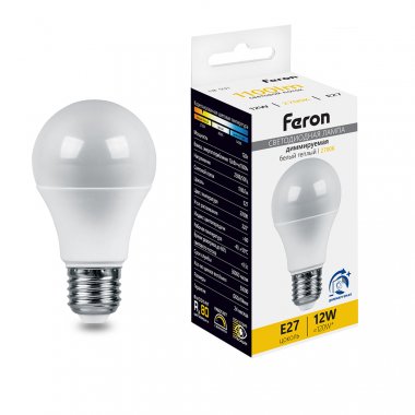 Фотография товара 'Feron Лампа светодиодная , A60 (шар) диммируемая, 12W 230V E27 2700К (белый теплый), рассеиватель матовый белый, 1060Lm, 51052'