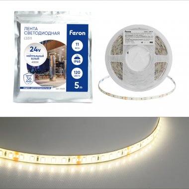 Фотография товара 'Feron Лента светодиодная 24V , 120*SMD2835, 11W/m, IP65, 4000К (нейтральный белый), Кратность резки мм 50мм, 51635'