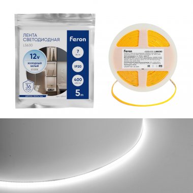 Фотография товара 'Feron 48949 Лента светодиодная 12V LS630, 400*COB, 7W/m, IP20, 6500К'