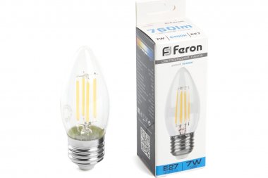 Фотография товара 'Feron 38272 Лампа светодиодная филамент LB-66, C35 (свеча), 7W 230V E27 6400К'