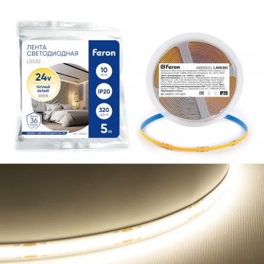 Фотография товара 'Feron Лента светодиодная 24V , 320*COB, 10W/m, IP20, 3000К (теплый белый), Кратность резки мм 50мм, 48263'