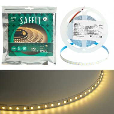 Фотография товара 'Лента светодиодная 12V SAFFIT , 120*SMD2835, 9,6W/m, IP20, 3000К (теплый белый), Кратность резки мм 50мм, 5000 *8*1,22мм, 55240'
