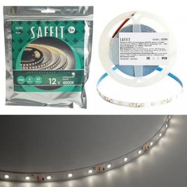 Фотография товара 'Лента светодиодная 12V SAFFIT , 60*SMD2835, 6W/m, IP20, 4000К (нейтральный белый), Кратность резки мм 50мм, 5000*8 *1,22мм, 55238'