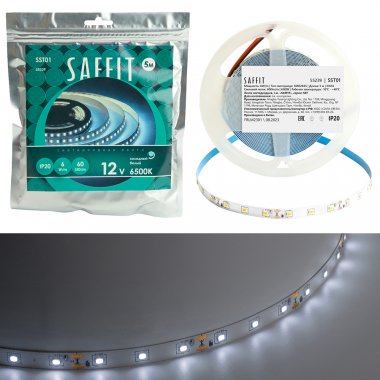 Фотография товара 'Лента светодиодная 12V SAFFIT , 60*SMD2835, 6W/m, IP20, 6500К (холодный белый), Кратность резки мм 50мм, 5000*8 *1,22мм, 55239'