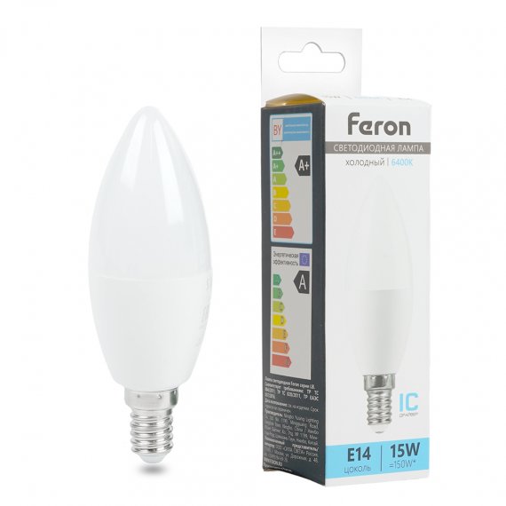 Фотография товара 'Feron Лампа светодиодная , C37 (свеча), 15W 175-265V E14 6400К (холодный), рассеиватель матовый белый, 1360Lm, угол рассеивания 220°, корпус пластик, 114*39мм, 52074'