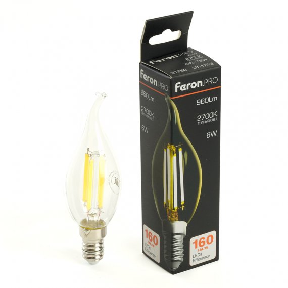 Фотография товара 'Feron Лампа светодиодная филамент , C35T (свеча на ветру), 6W 175-265V E14 2700К (белый теплый), рассеиватель прозрачный 960Lm, угол рассеивания 270°, корпус стекло, 115*35мм, 51262'