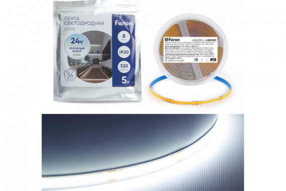 Фотография товара 'Feron 48265 Лента светодиодная 24V LS530, 320*COB, 8W/m, IP20, 6500К'