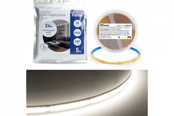 Фотография товара 'Feron 48271 Лента светодиодная 24V LS530, 480*COB, 12W/m, IP20, 4000К'