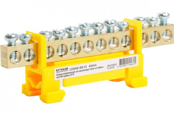 Фотография товара 'Feron 49564 LD556-69-12 Шина "PE" на изоляторе 6*9 тип "стойка" на DIN-рейку 12 выводов'