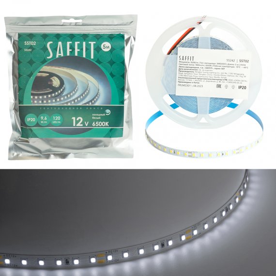 Фотография товара 'Лента светодиодная 12V SAFFIT , 120*SMD2835, 9,6W/m, IP20, 6500К (холодный белый), Кратность резки мм 50мм, 5000 *8*1,22мм, 55242'