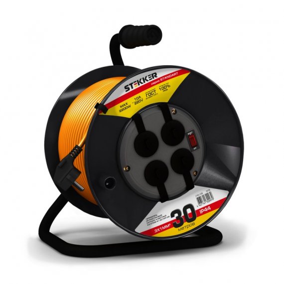 Фотография товара 'Feron Удлинитель на пластиковой катушке с/з, ПВС, 3х1, 10A, 30м, IP44, STD02-41-30 (UG), оранжевый 39708'