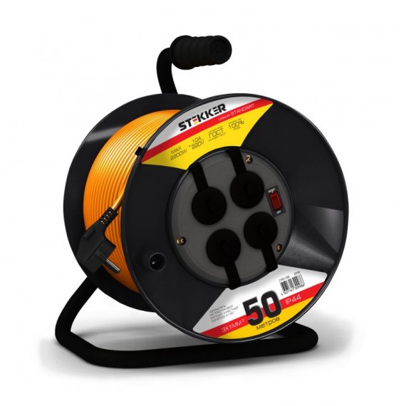 Фотография товара 'Feron Удлинитель на пластиковой катушке с/з, ПВС, 3х1, 10A, 50м, IP44, STD02-41-50 (UG), оранжевый 39709'