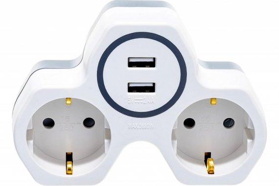 Фотография товара 'Feron Разветвитель сетевой 2-местный и с 2-мя выходами USB, с/з, ADP16-14-20, белый/серый 32872'