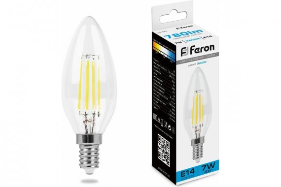 Фотография товара 'Feron 38227 Лампа светодиодная филамент LB-66, C35 (свеча), 7W 230V E14 6400К'