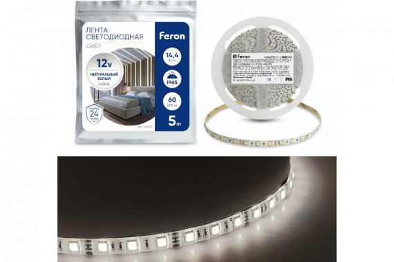 Фотография товара 'Feron 48290 Лента светодиодная 12V LS607, 60*SMD5050, 14,4W/m, IP65, 4000К'