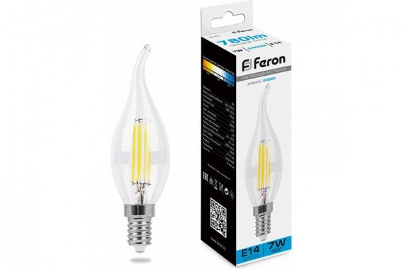 Фотография товара 'Feron 38233 Лампа светодиодная филамент LB-67, C35T (свеча на ветру), 7W 230V E14 6400К'