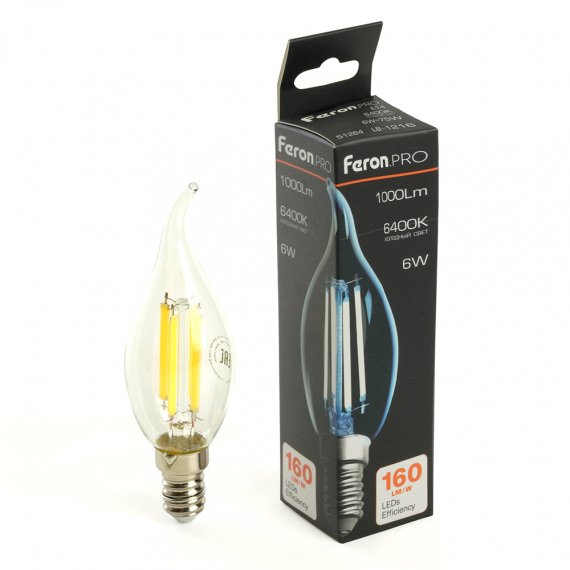 Фотография товара 'Feron Лампа светодиодная филамент , C35T (свеча на ветру), 6W 175-265V E14 6400К (дневной), рассеиватель прозрачный 1000Lm, угол рассеивания 270°, корпус стекло, 115*35мм, 51264'
