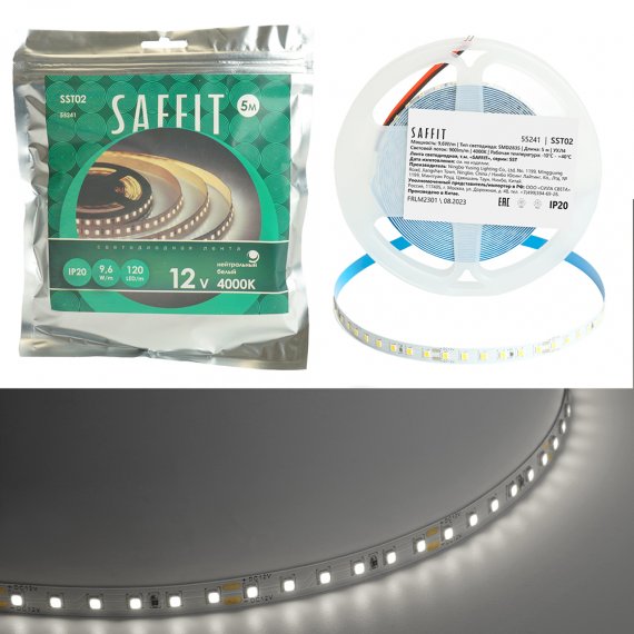 Фотография товара 'Лента светодиодная 12V SAFFIT , 120*SMD2835, 9,6W/m, IP20, 4000К (нейтральный белый), Кратность резки мм 50мм, 5000 *8*1,22мм, 55241'