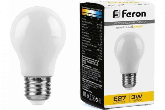 Фотография товара 'Feron 38266 Лампа светодиодная LB-375, A50 (шар), 3W 230V E27 2700К'