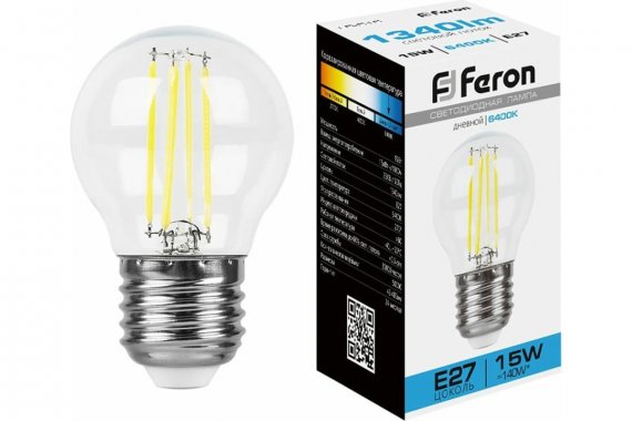 Фотография товара 'Feron 38254 Лампа светодиодная филамент LB-515, G45 (шар малый), 15W 230V E27 6400К'