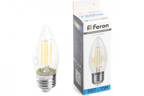 Фотография товара 'Feron 38272 Лампа светодиодная филамент LB-66, C35 (свеча), 7W 230V E27 6400К'