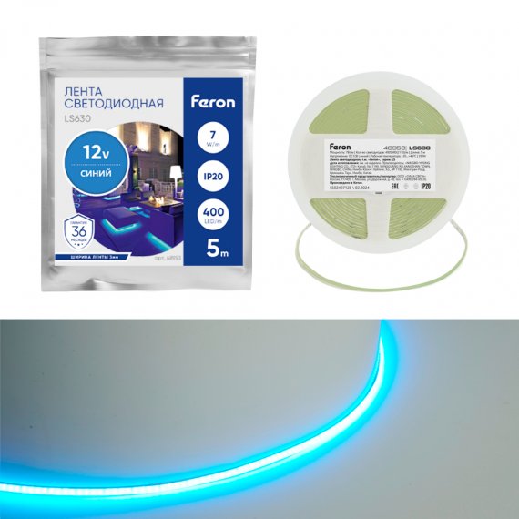 Фотография товара 'Feron 48953 Лента светодиодная 12V LS630, 400*COB, 7W/m, IP20'