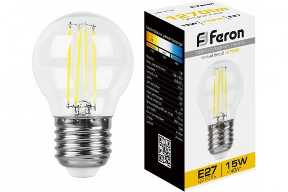 Фотография товара 'Feron 38252Лампа светодиодная филамент LB-515, G45 (шар малый), 15W 230V E27 2700К'