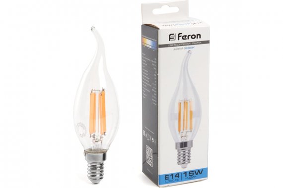 Фотография товара 'Feron 38264 Лампа светодиодная филамент LB-718, C35T (свеча на ветру), 15W 230V E14 6400К'