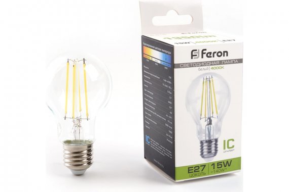 Фотография товара 'Feron 38242Лампа светодиодная филамент LB-615, A60 (шар), 15W 230V E27 4000К'